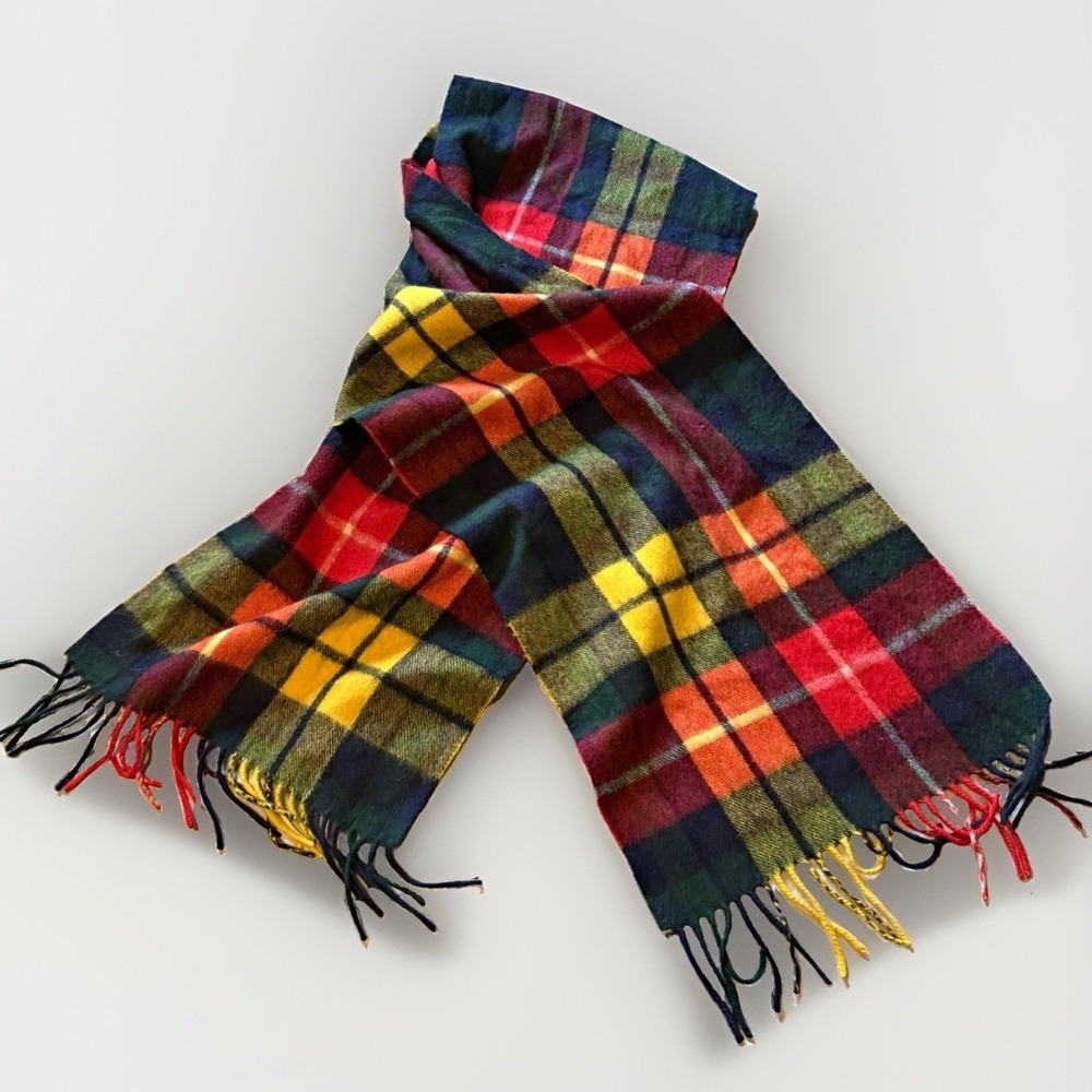 100% Cashmere Tartan Plaid Scarf Multicolor Fringe Red Green Yellow